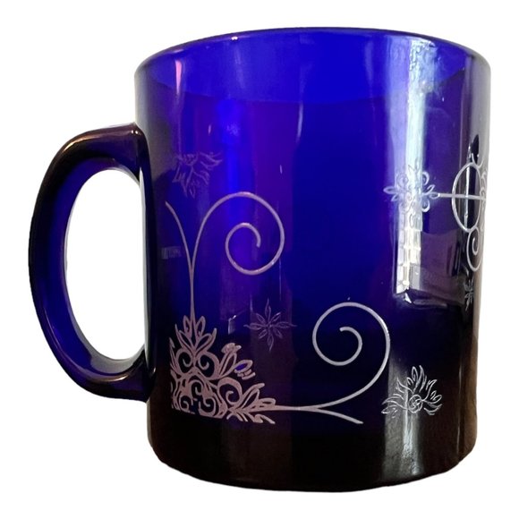 Cobalt Blue Coffee Cup, Mug Etched Pattern Made in USA - Picture 1 of 7